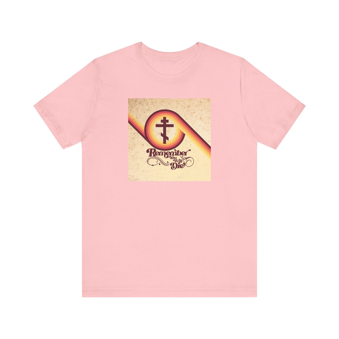 Pink "Remember You Will Die 70s Aesthetic | Memento Mori | Orthodox Christian" lightweight cotton unisex tee featuring a cross and "Remember Who You Are" in vintage script on the front, inspired by the parable of the rich fool from Luke 12:16-21.