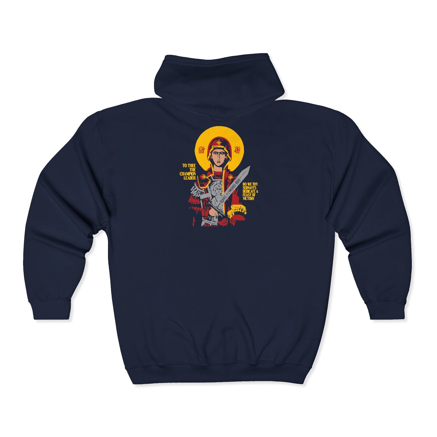 To Thee the Champion Leader | Mother of God | Theotokos with Sword IconoGraphic | Orthodox Zipper Hoodie (Back Design)