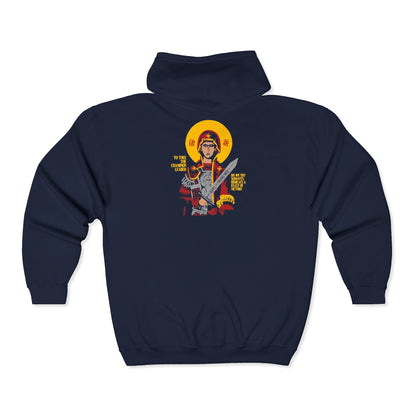 To Thee the Champion Leader | Mother of God | Theotokos with Sword IconoGraphic | Orthodox Zipper Hoodie (Back Design)