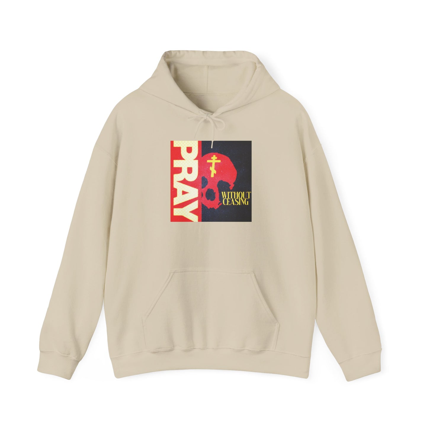 Pray Without Ceasing (1 Thess 5:16) | Red Skull w/ Yellow Orthodox Cross | Orthodox Christian Hoodie / Hooded Sweatshirt