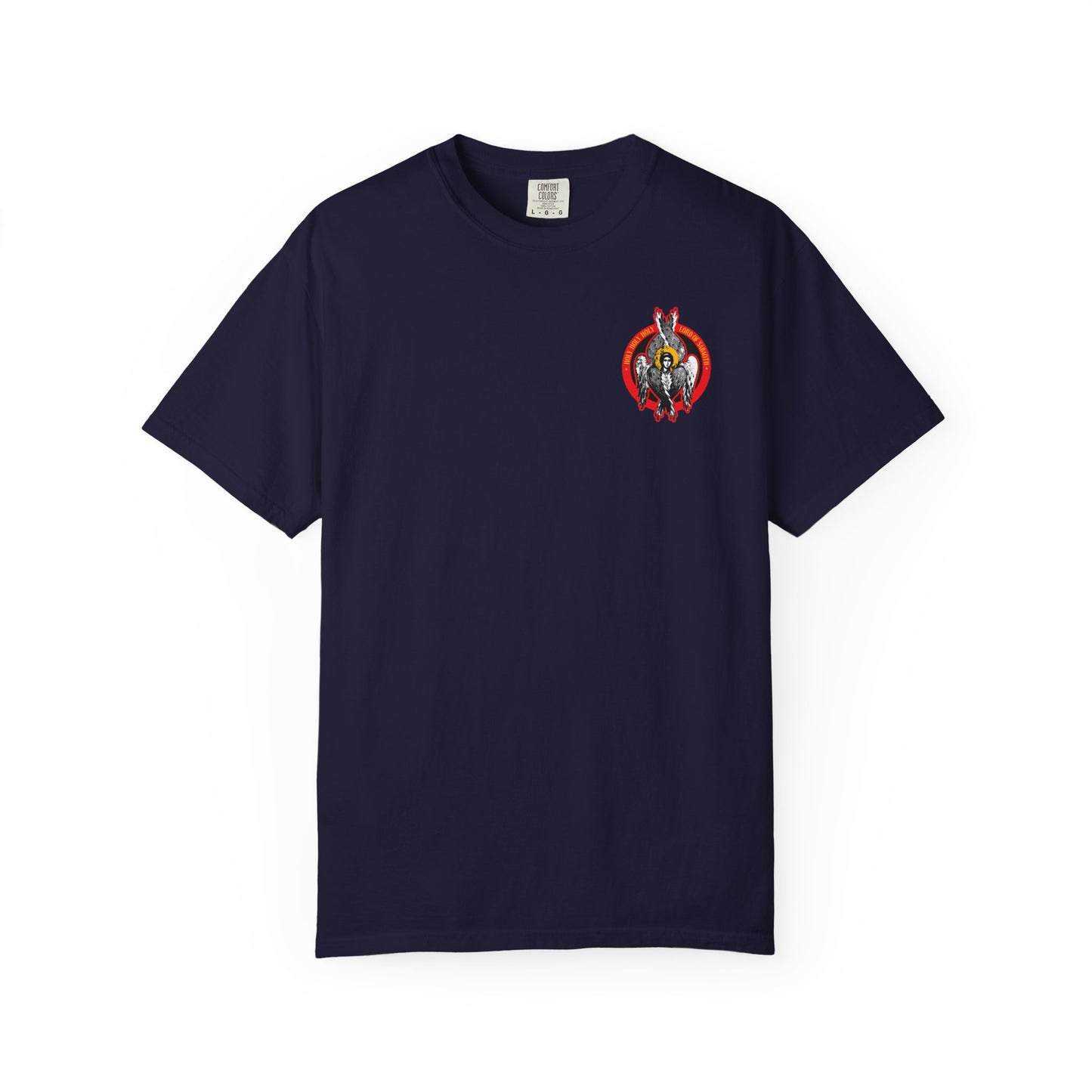 True navy heavyweight cotton unisex tee featuring a small "Holy Holy Holy Seraphim Angel Icono-Graphic" design, inspired by the heavenly hosts and Christian ideals of angelic imitation.