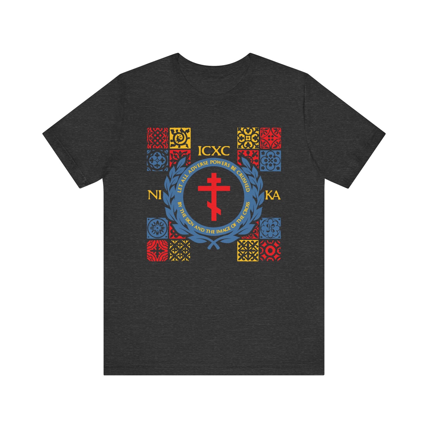 Let All Adverse Powers Be Crushed T-shirt: Dark Grey Heather with red, yellow & blue medieval tile design, ICXC NIKA text—lightweight cotton unisex style inspired by the Katavasia of the Cross and Moses parting the Red Sea.