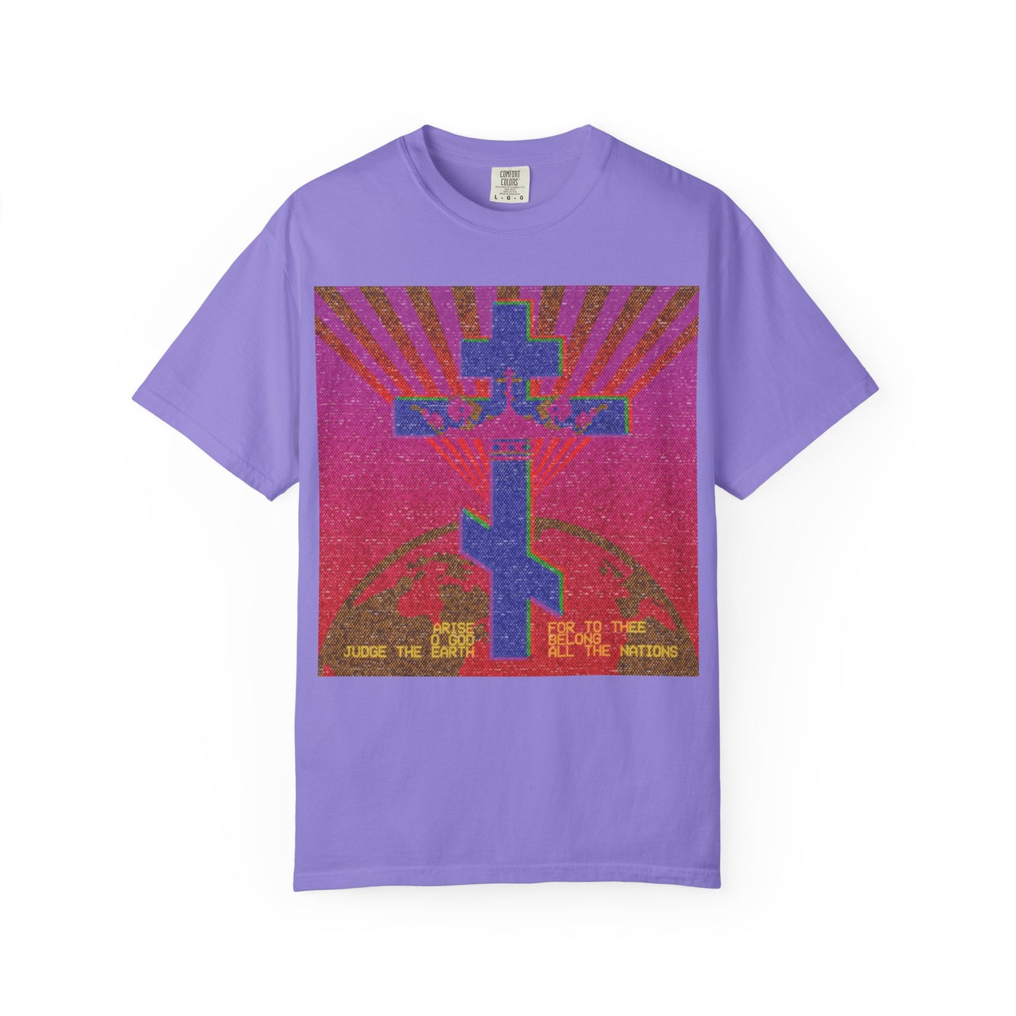 Violet “Arise, O God, Judge the Earth (Psalm 81)” unisex heavyweight cotton T-shirt featuring an 80s retro VCR/computer monitor pixel design inspired by Orthodox Christian imagery.