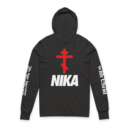 NIKA Orthodox Cross NIKE Logo Mashup | Crucified With Christ | Firstborn of the Dead | Sleeve Prints | Orthodox Long Sleeve Hooded Shirt