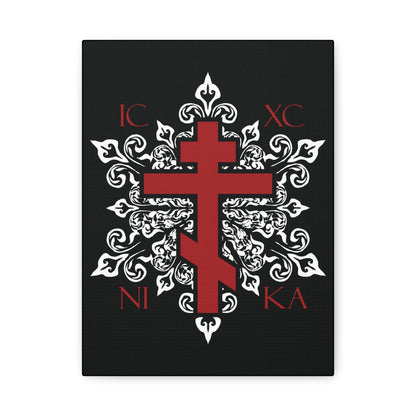 ICXC / NIKA Red Orthodox Cross on Ornate White Medieval Floral Design | Exclusive Best-Selling | Orthodox Christian Canvas Art