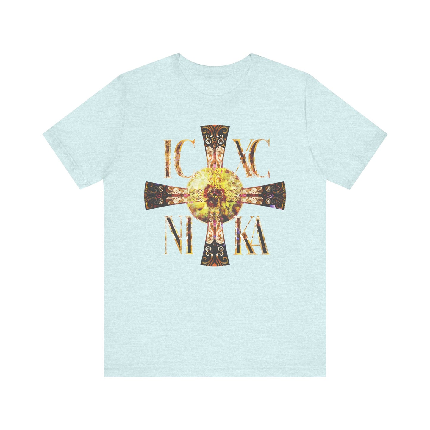 Heather Prism Ice Blue unisex tee featuring a Celtic style equal armed Cross with IC XC NIKA in bright solar texture. Orthodox lightweight cotton. Symbolizes victory in Christ.