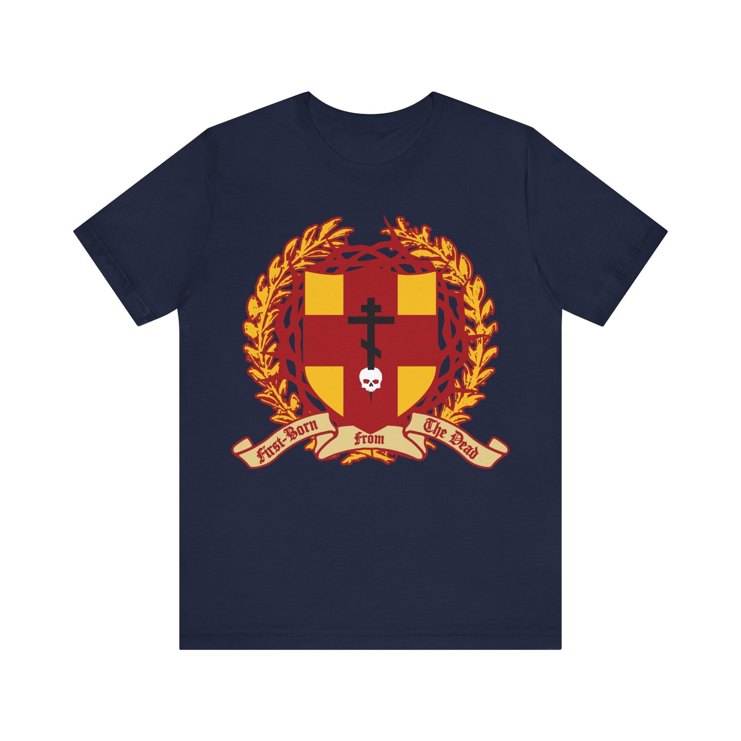 Navy cotton unisex tee featuring an Orthodox cross piercing a skull, shield with victory wreath and crown of thorns, and a banner reading "First-Born from the Dead" (Col 1:18).