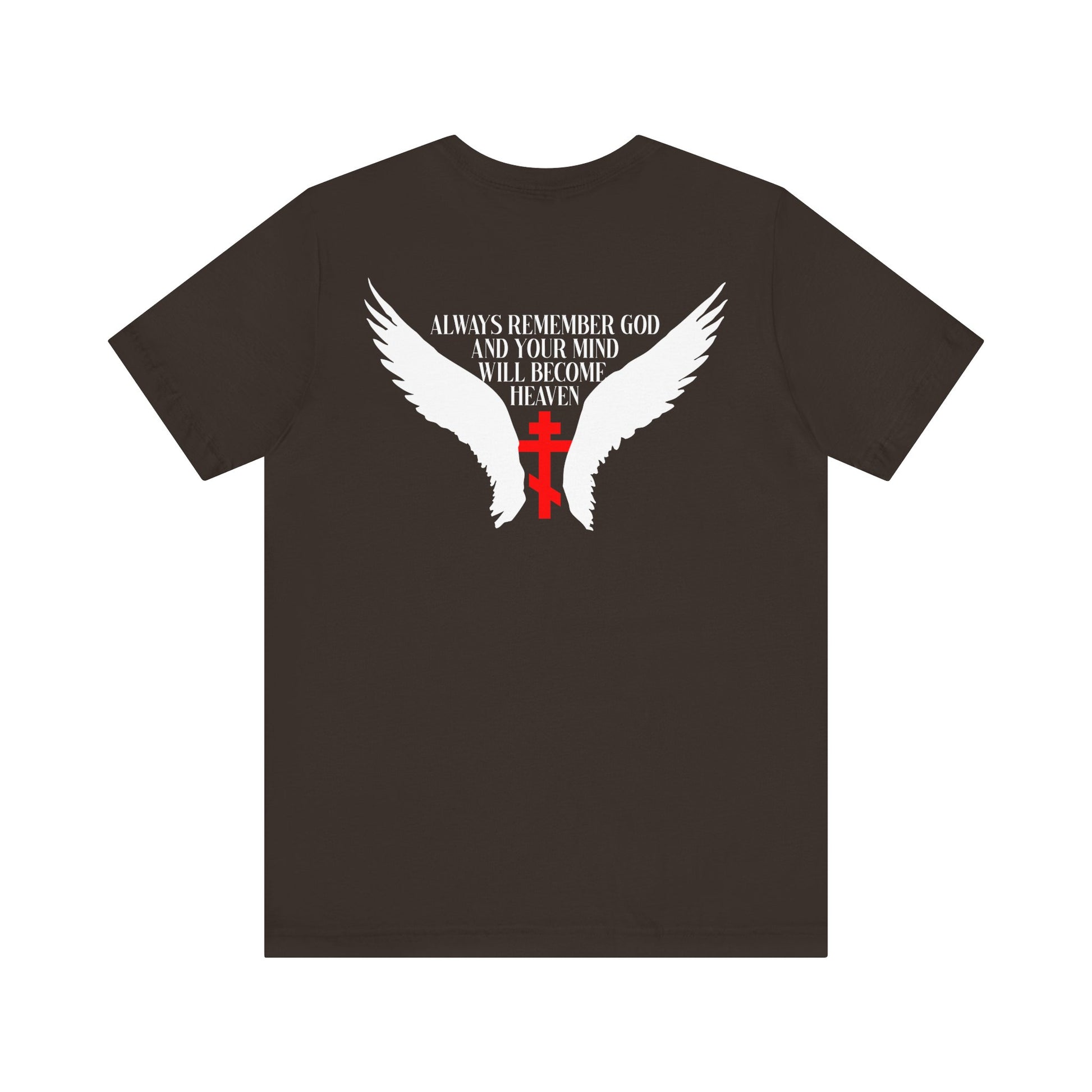 The "It's Later Than You Think No. 3 Split W/ Always Remember God and Your Mind Will Become Heaven No. 1" lightweight cotton unisex tee features a black design with white angel wings, a red cross, and the inspirational phrase "ALWAYS REMEMBER GOD AND YOUR MIND WILL BECOME HEAVEN," drawing inspiration from the life and teachings of the Blessed Seraphim of Platina.