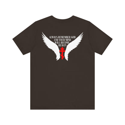 The "It's Later Than You Think No. 3 Split W/ Always Remember God and Your Mind Will Become Heaven No. 1" lightweight cotton unisex tee features a black design with white angel wings, a red cross, and the inspirational phrase "ALWAYS REMEMBER GOD AND YOUR MIND WILL BECOME HEAVEN," drawing inspiration from the life and teachings of the Blessed Seraphim of Platina.