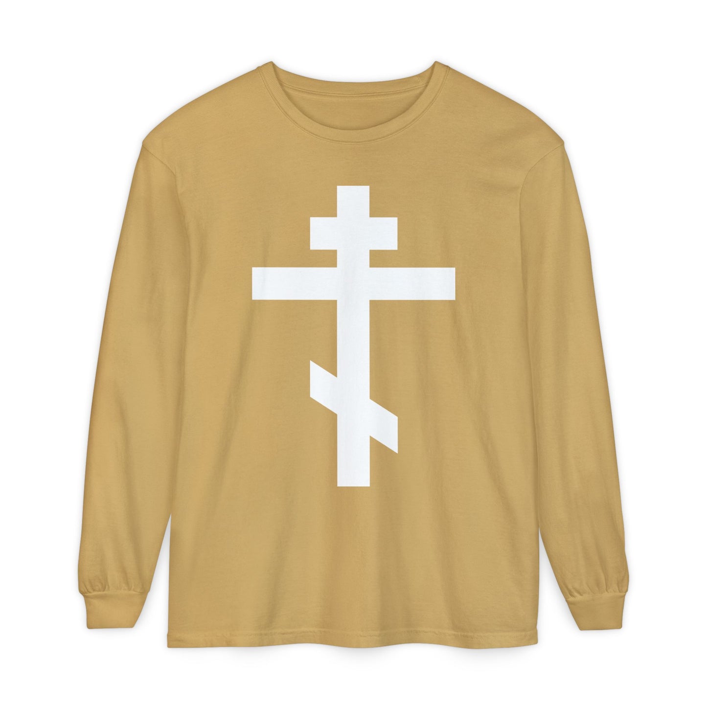 Tan long-sleeve shirt featuring a large white Orthodox cross on the front and the message: "May I never boast, except in the cross of our Lord Jesus Christ" (Gal 6:14). Inspired by Eastern Orthodox tradition.