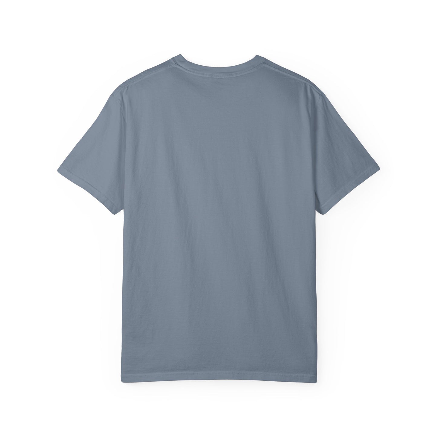A plain, light blue Dead to this World Heavyweight Cotton Unisex T-Shirt is laid flat, back side up—its simple design invoking the spirit of renunciation with Christian Goth flower cross, skull, and 70s typography.