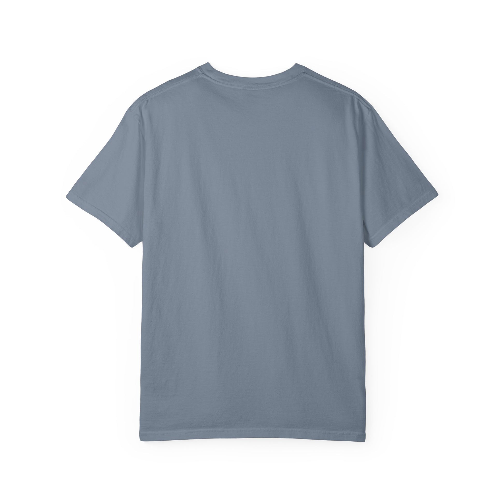 A plain, light blue Dead to this World Heavyweight Cotton Unisex T-Shirt is laid flat, back side up—its simple design invoking the spirit of renunciation with Christian Goth flower cross, skull, and 70s typography.