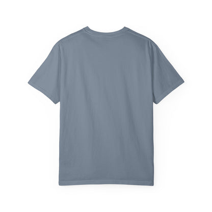 A plain, light blue Dead to this World Heavyweight Cotton Unisex T-Shirt is laid flat, back side up—its simple design invoking the spirit of renunciation with Christian Goth flower cross, skull, and 70s typography.