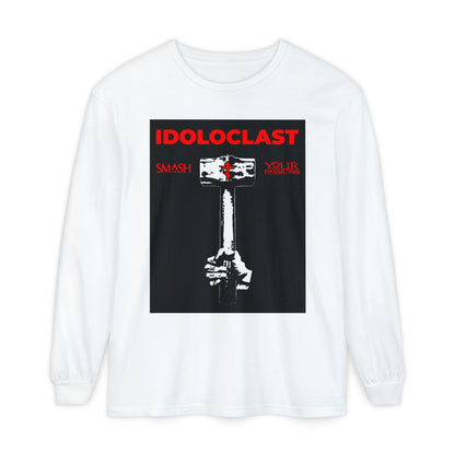 White long-sleeve "Idoloclast Idol-Smasher" shirt featuring Jesus’ fist with a sledgehammer, bold red IDOLOCLAST text, and ICXC NIKA—perfect for Orthodox Christians embracing asceticism and smashing your passions.