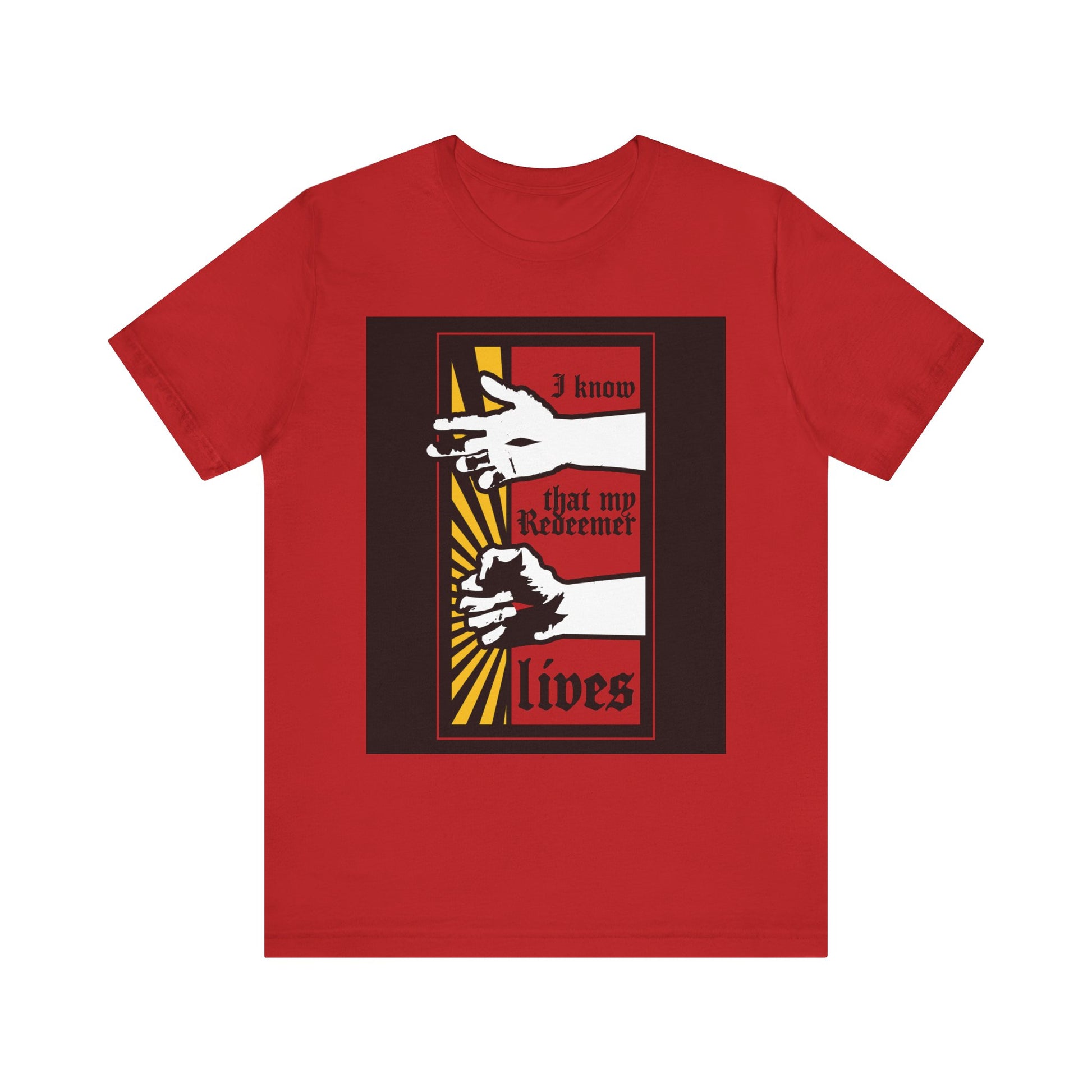Red unisex t-shirt featuring a Christ Resurrected comic book-style design with "I Know That My Redeemer Lives" (Job 19:25) in black and yellow. Lightweight cotton.