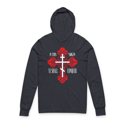 Heather navy hooded shirt with a red ornate Orthodox cross and “In this sign ye shall conquer” text—perfect for those inspired by Christian faith and the victory of Jesus Christ (ICXC NIKA).