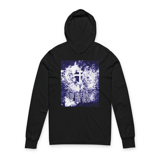 Black "The First-Born of the Dead" Orthodox hooded shirt featuring a glowing white and blue cosmic textured cross design, inspired by Christ’s resurrection.