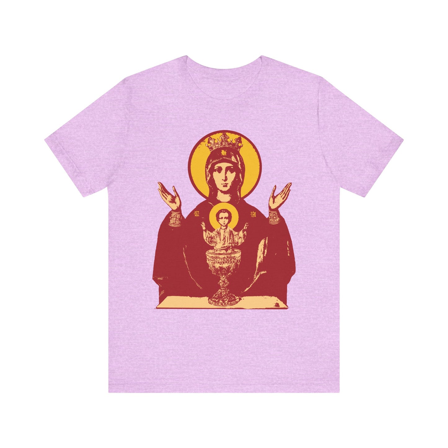 Heather Prism Lilac unisex t-shirt featuring the Holy Theotokos IconoGraphic of the Inexhaustible Chalice—Deliverer from Addictions and Conqueror of Passions—on soft, lightweight cotton.