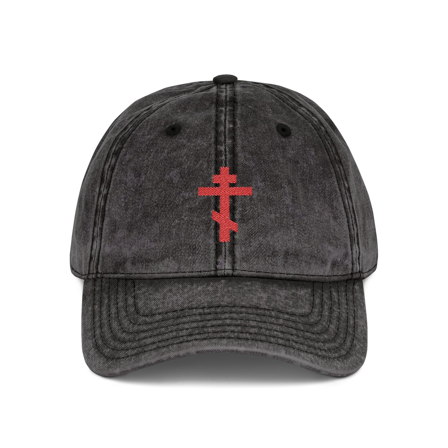 Simple Red-Orange Orthodox TriBar Cross | Crucify My Ego to the Precious and Life Giving Cross | Minimalist Christian Distressed Embroidered Cap