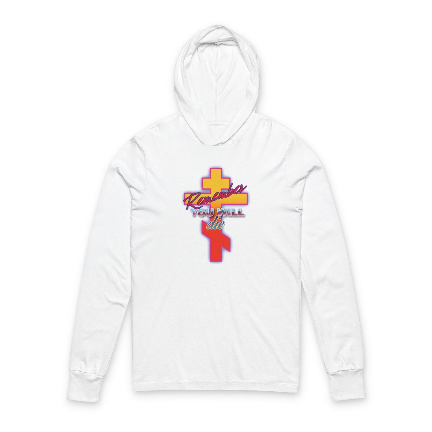 White cotton hoodie featuring a glowing synthwave retro Orthodox cross and the message "Remember You Will Die," inspired by the Precious Life-Giving Cross; 80s design, Christian-themed.