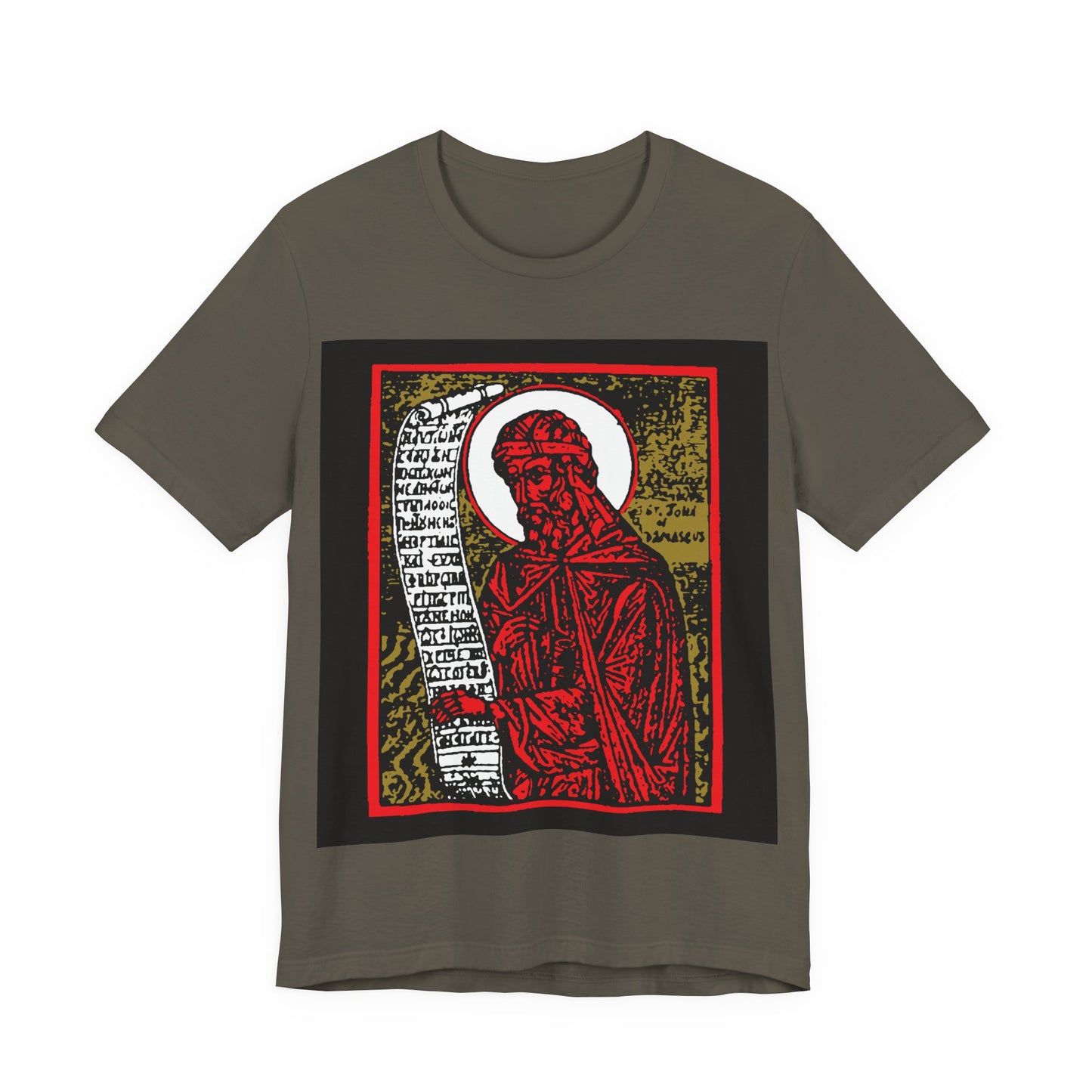 St. John of Damascus Icono-Graphic | Orthodox Christian Saint | Red Gold & Black High Contrast Design | Orthodox Christian Cotton T-Shirt