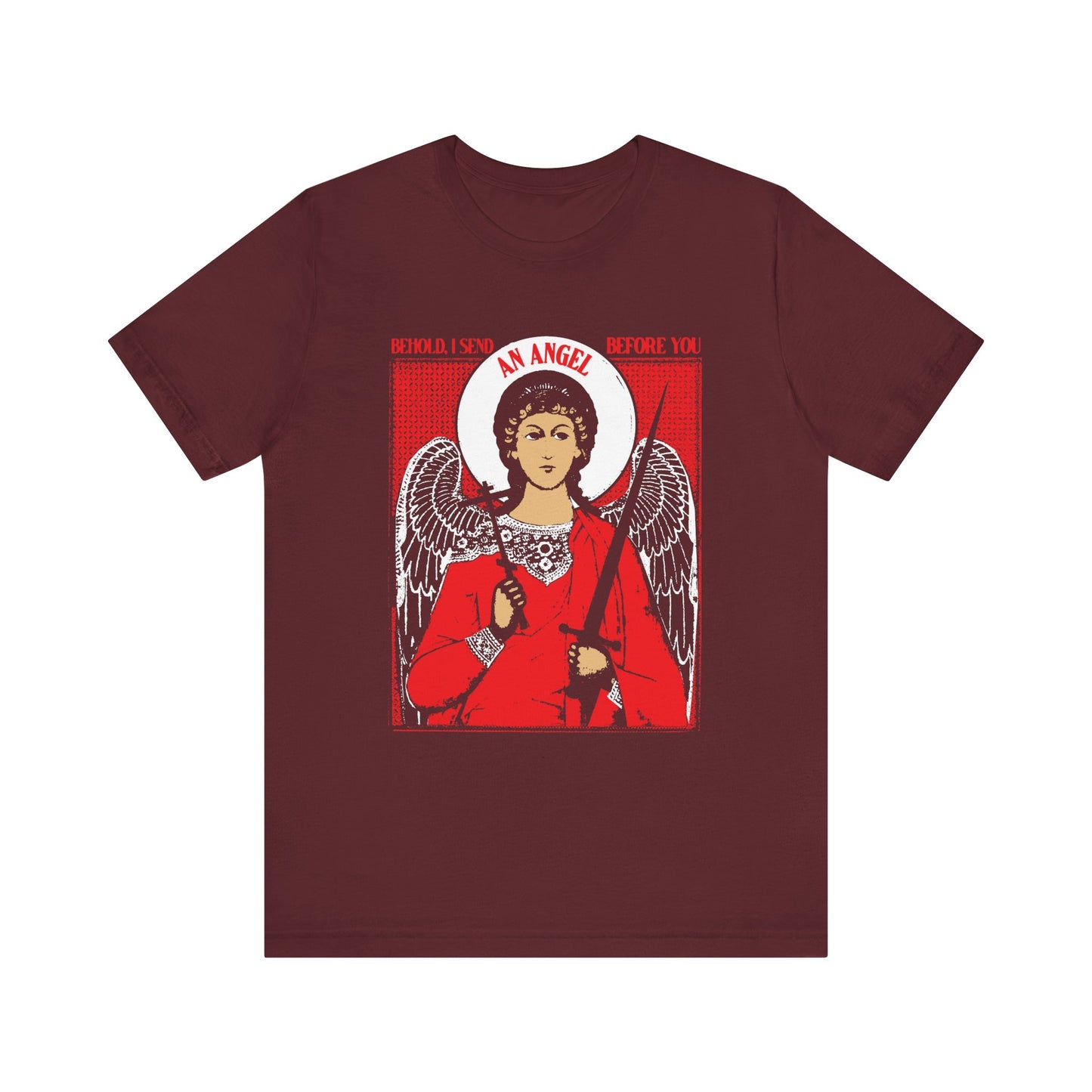 Maroon “Behold I Send an Angel Before You (Ex 23:20)” tee features a guardian angel with cross & sword iconographic design, inspired by Orthodox tradition, on lightweight cotton. Unisex fit for comfort and spiritual style.