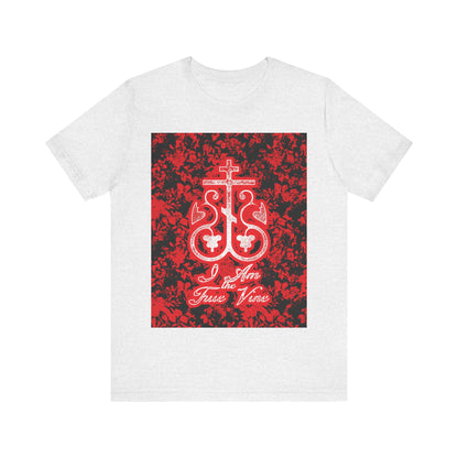 I Am the True Vine (John 15:1) | Orthodox Cross Vine Monogram | Red and Black Floral Design | Orthodox Christian T-Shirt
