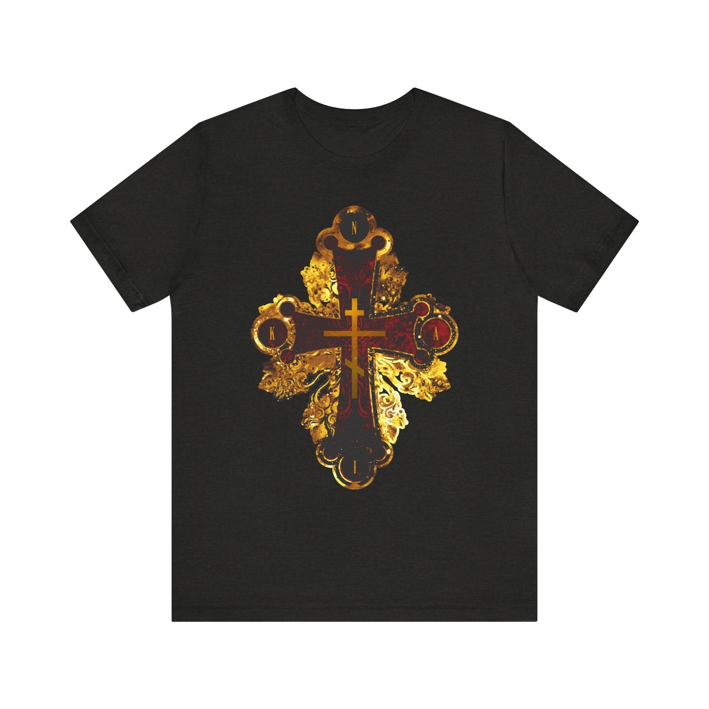 Black Heather t-shirt featuring an ornate metallic-style Orthodox NIKA cross in red and gold texture, inspired by the intricate motifs of Tuesday Matins Sessional Hymns, made from lightweight cotton in a unisex fit.