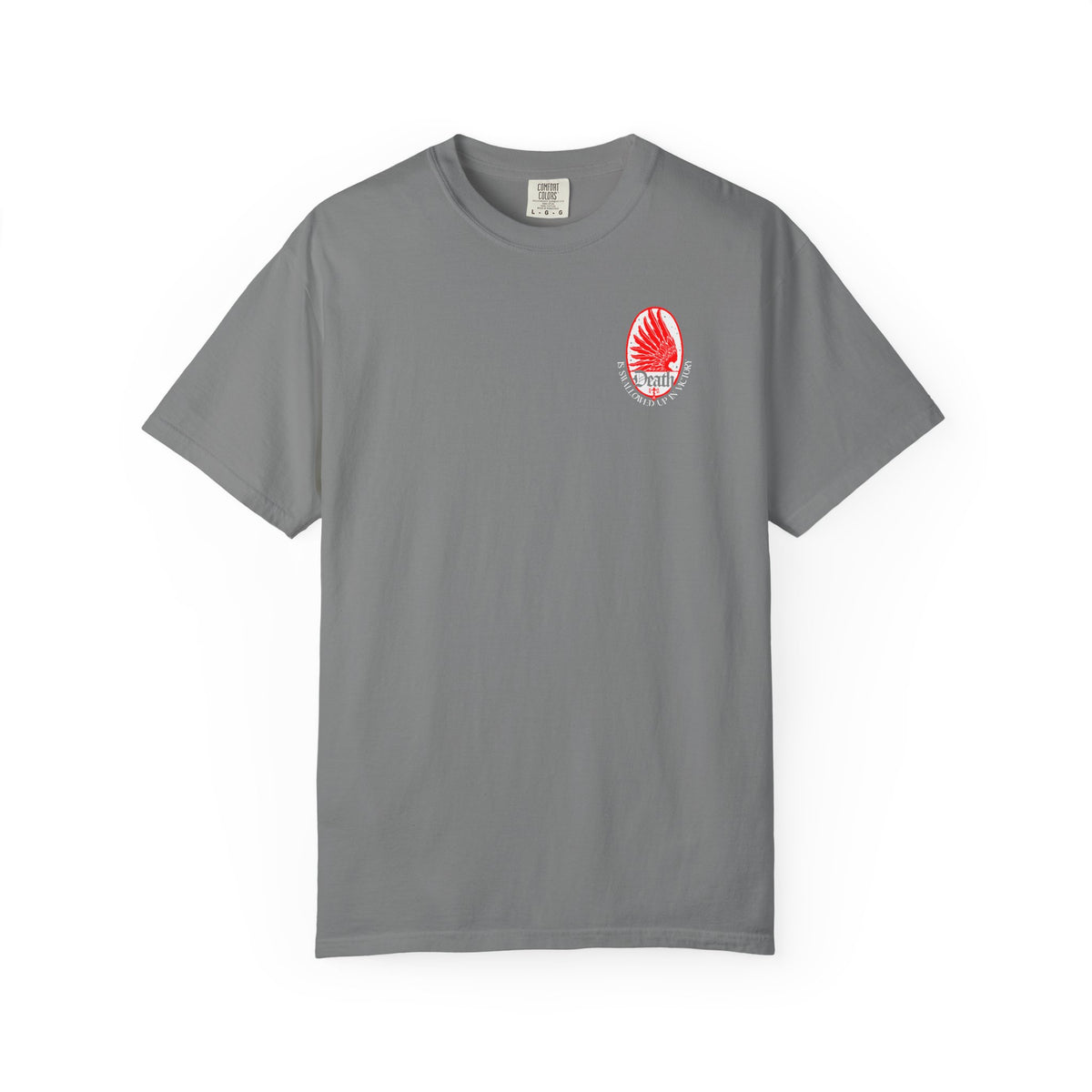 Grey Death is Swallowed Up In Victory t-shirt with a red eagle wing graphic on the left chest.