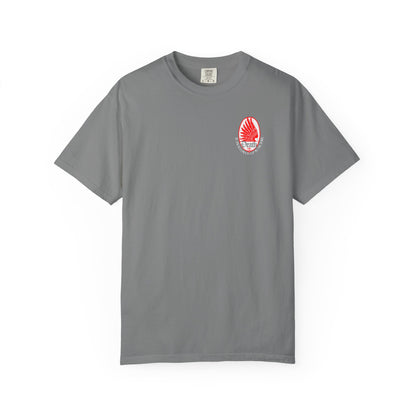 Grey Death is Swallowed Up In Victory t-shirt with a red eagle wing graphic on the left chest.