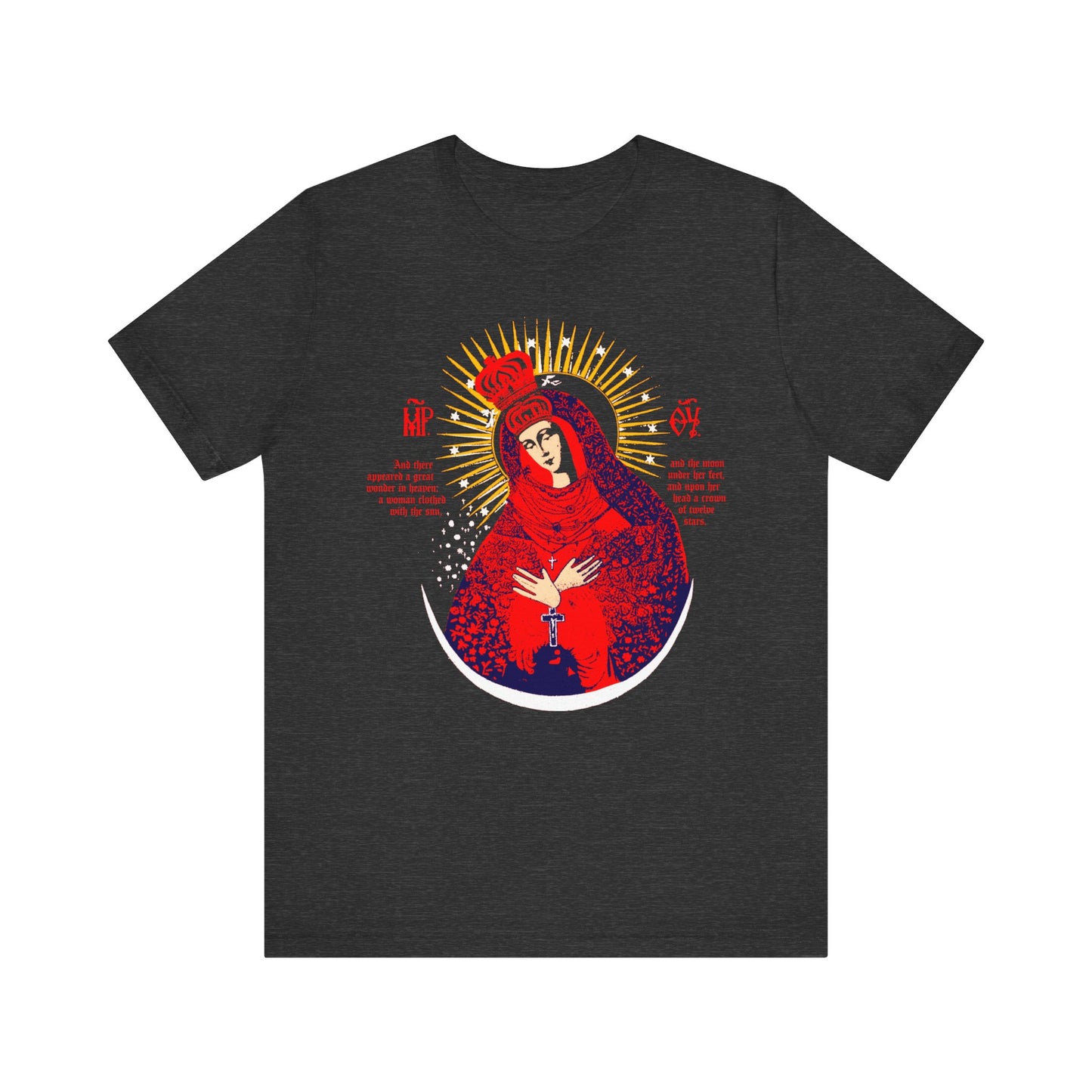 Dark Grey Heather t-shirt featuring a bold icono-graphic of Our Lady the Gate of Dawn—Theotokos Crowned, Woman of the Apocalypse—printed in red, blue, and gold on lightweight cotton. Unisex fit inspired by Vilnius' famed Madonna icon.