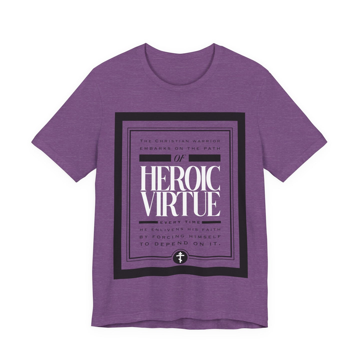 Heather Team Purple "Christian Warrior | Path of Heroic Virtue" T-shirt with "All Things Through Christ (Phil 4:13)" quote—show your faith and strength with this ascetic ethos devotional shirt.
