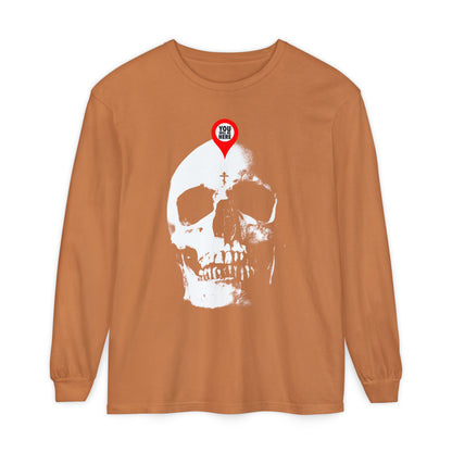 Yam-colored long sleeve featuring a skull with a red map marker and "You Will Be Here"—a memento mori design inspired by St. Ignatius Brianchaninov, reminding us: "What you are, I once was. Remember you will die.