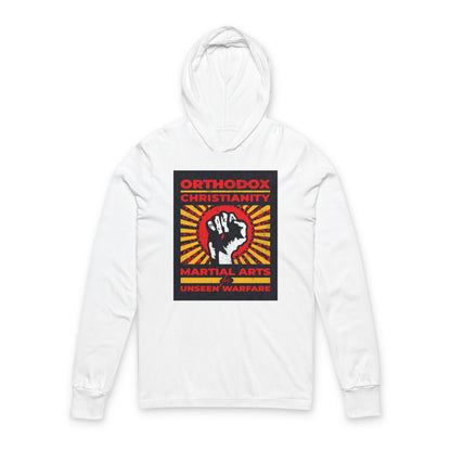 Orthodox Christianity: Martial Arts for Unseen Warfare | NIKA Jesus Fist on Colorful Sunburst Design | Orthodox Long Sleeve Hooded Shirt