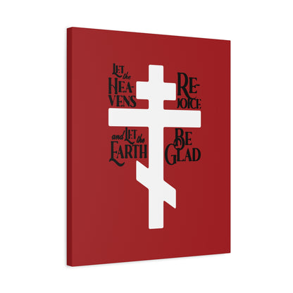 Remembrance of Death “Let the Heavens Rejoice” Orthodox Christian canvas art features a white Russian cross on red with black text from Psalm 96, symbolizing redemption and hope.