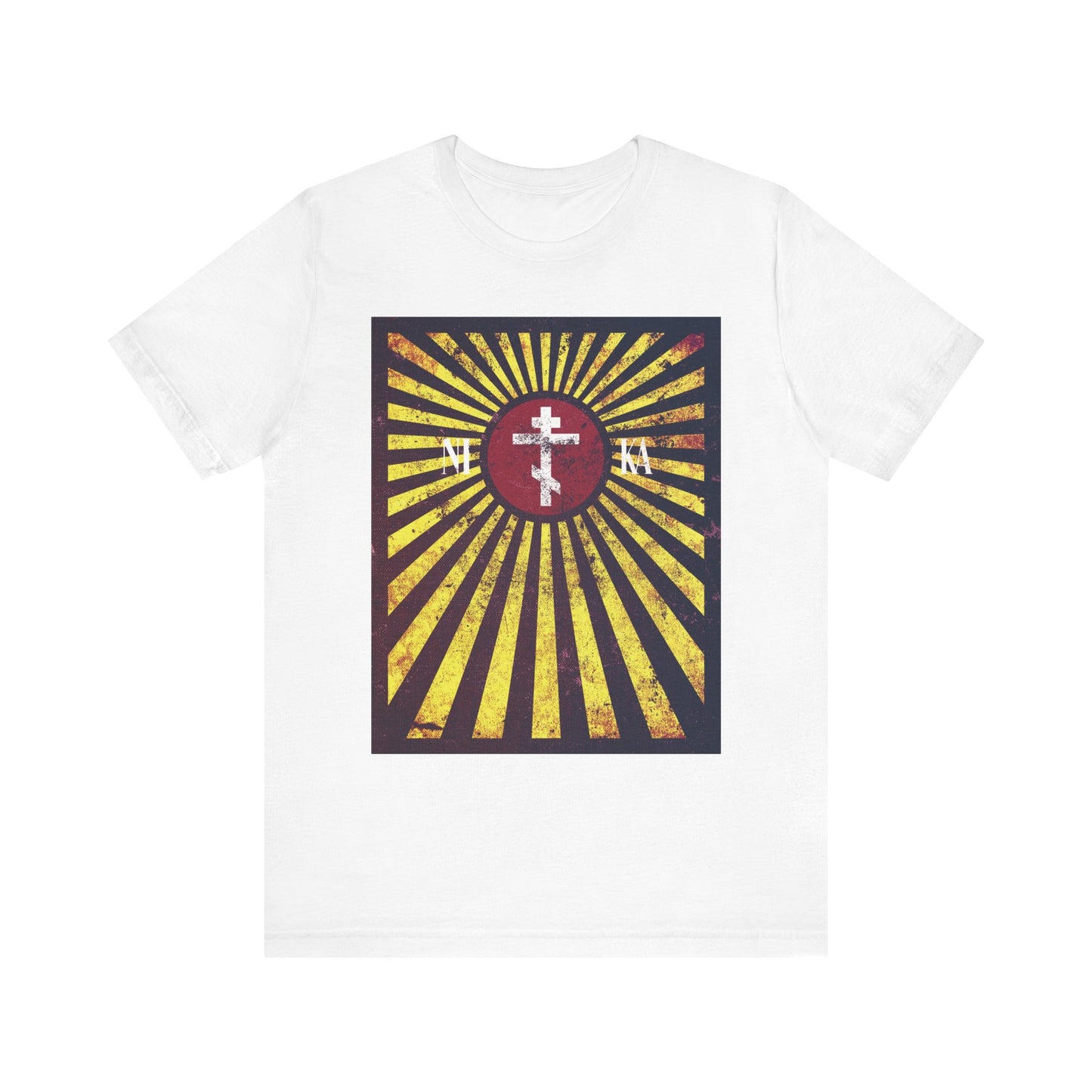 White NIKA Red Rising Sun Cross with Golden Rays lightweight cotton unisex t-shirt, featuring a distressed textured flag design inspired by Orthodox Christian symbolism—yellow rays radiate from a red circle with a cross and Cyrillic letters at the center, representing the ladder to Heaven as taught by St Paisios of Mount Athos.