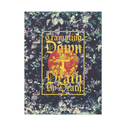 Trampling Down Death By Death | Paschal Floral Design with Gothic Script and Three-Bar Cross | Orthodox Christian Canvas Art