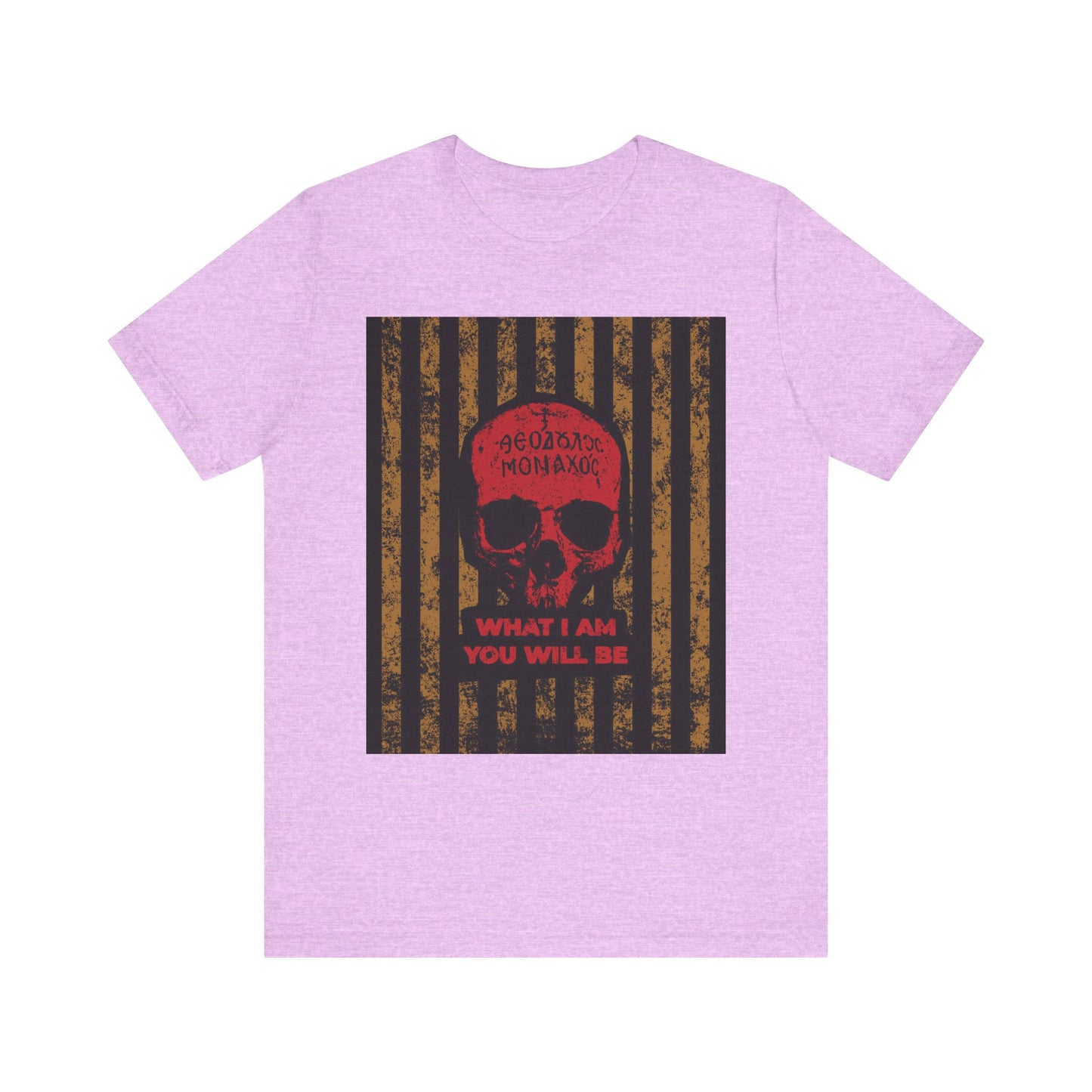 Heather Prism Lilac t-shirt featuring a red skull, black stripes, and the text "WHAT I AM YOU WILL BE" on the front—a striking design inspired by memento mori and remembrance of death, echoing ascetic reflections from Mt. Athos monks and St. Ignatius Brianchaninov.