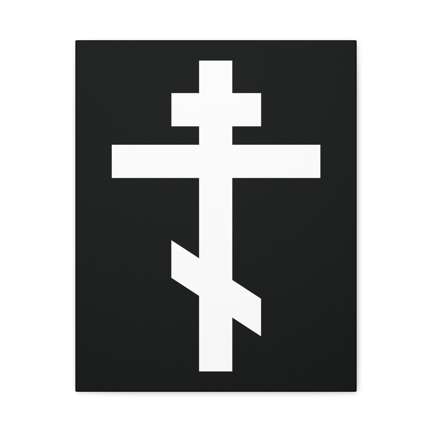 The "White Orthodox Cross | 'May I never boast, except in the cross of our Lord Jesus Christ' (Gal 6:14) | Orthodox Canvas Art" features a striking white Russian Orthodox cross on a bold black background.