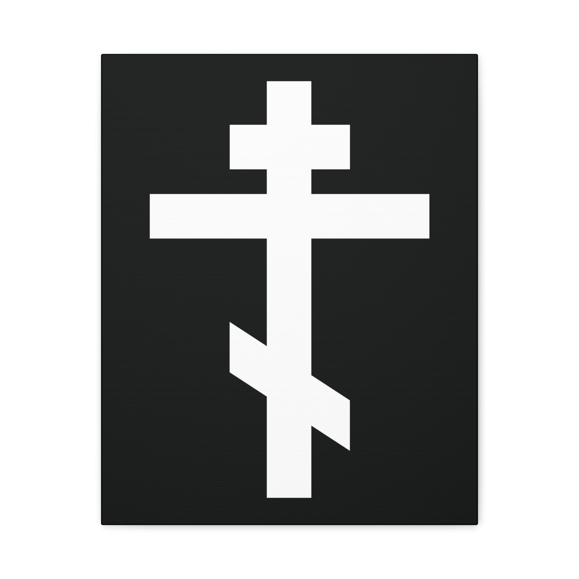 The "White Orthodox Cross | 'May I never boast, except in the cross of our Lord Jesus Christ' (Gal 6:14) | Orthodox Canvas Art" features a striking white Russian Orthodox cross on a bold black background.