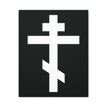 The "White Orthodox Cross | 'May I never boast, except in the cross of our Lord Jesus Christ' (Gal 6:14) | Orthodox Canvas Art" features a striking white Russian Orthodox cross on a bold black background.