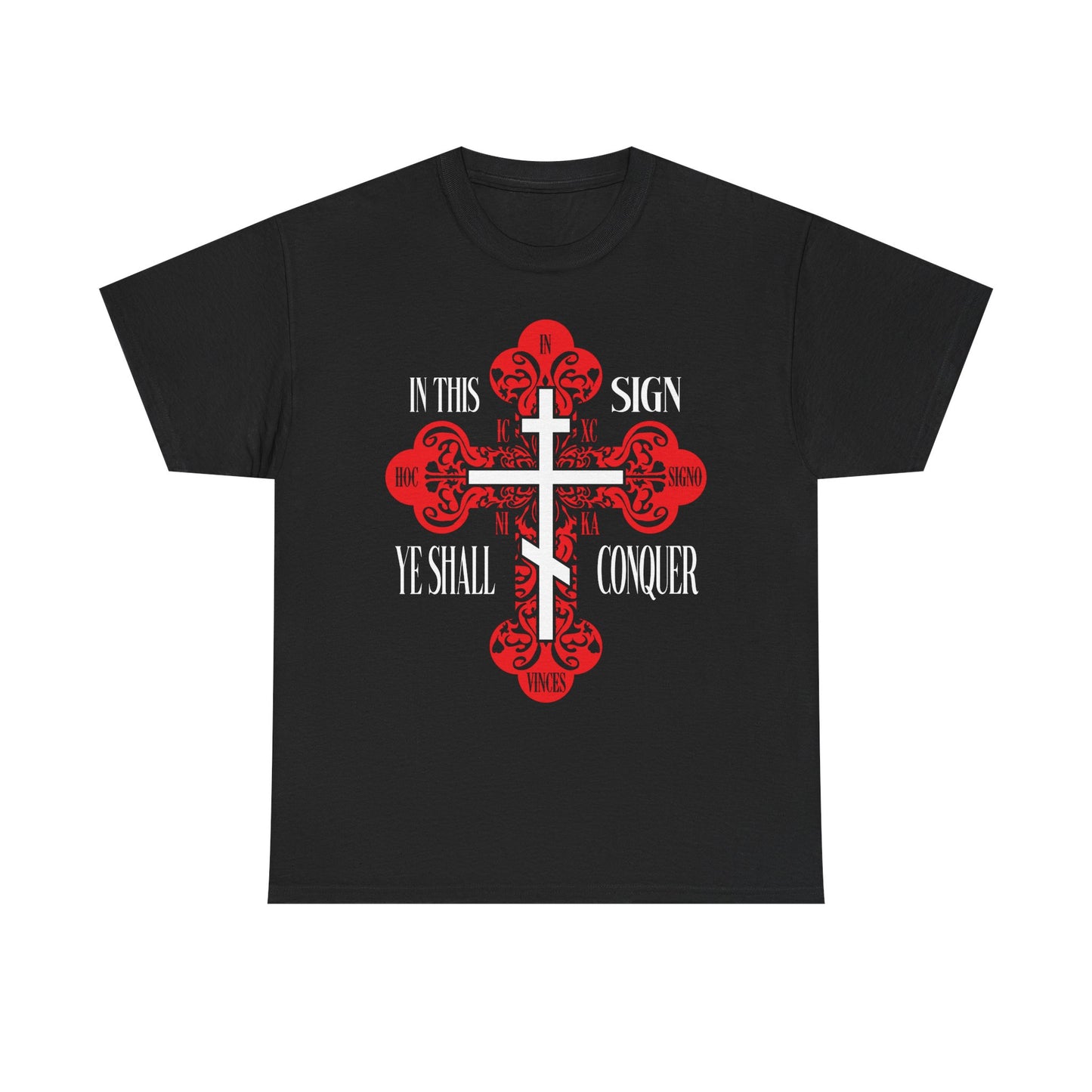 Black "In This Sign Ye Shall Conquer" heavy cotton t-shirt featuring a red ornate Orthodox cross and the words "In Hoc Signo Vinces | ICXC NIKA | Christ Conquers" on the front.