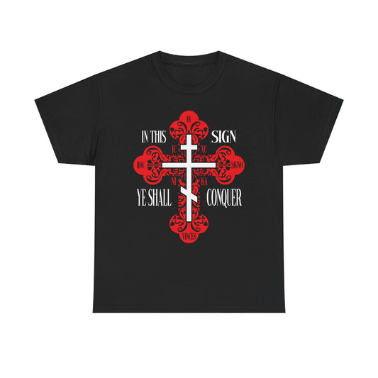 Black "In This Sign Ye Shall Conquer" heavy cotton t-shirt featuring a red ornate Orthodox cross and the words "In Hoc Signo Vinces | ICXC NIKA | Christ Conquers" on the front.