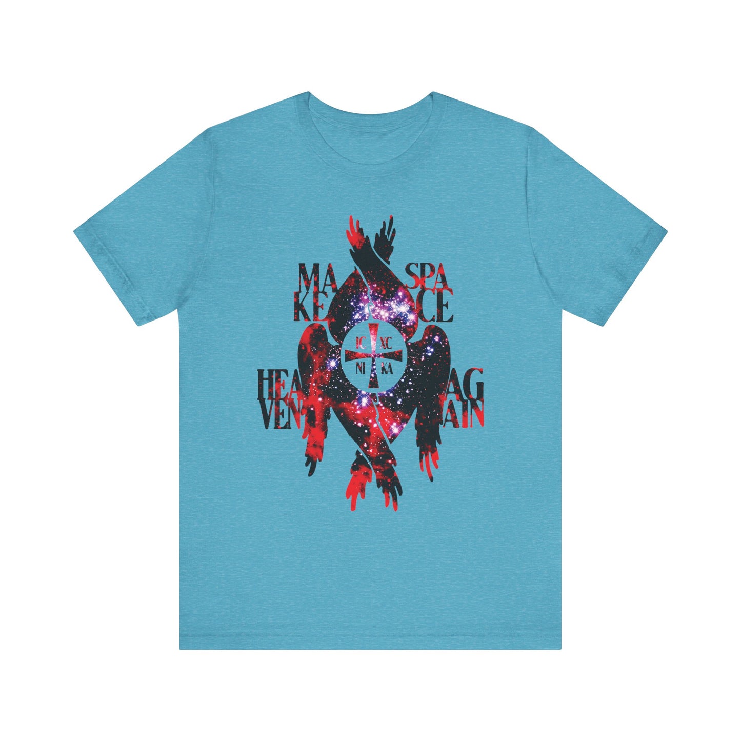 Heather aqua T-shirt titled "Make Space Heaven Again," showcasing cosmic textured ICXC NIKA Cross art with seraphim wings. This Orthodox Christian unisex lightweight cotton shirt features celestial-inspired elements and striking galaxy motifs, evoking the presence of angels and archangels.