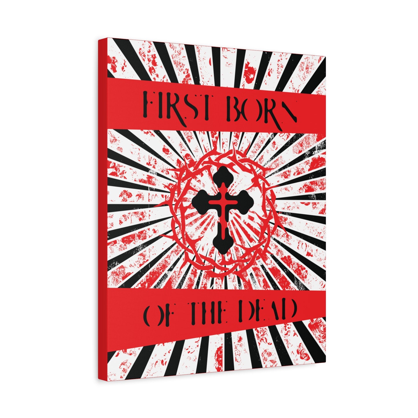 First Born of the Dead | Orthodox Cross and Crown of Thorns | Red White and Black Textured Design with Rays | Orthodox Christian Canvas Art