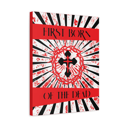 First Born of the Dead | Orthodox Cross and Crown of Thorns | Red White and Black Textured Design with Rays | Orthodox Christian Canvas Art