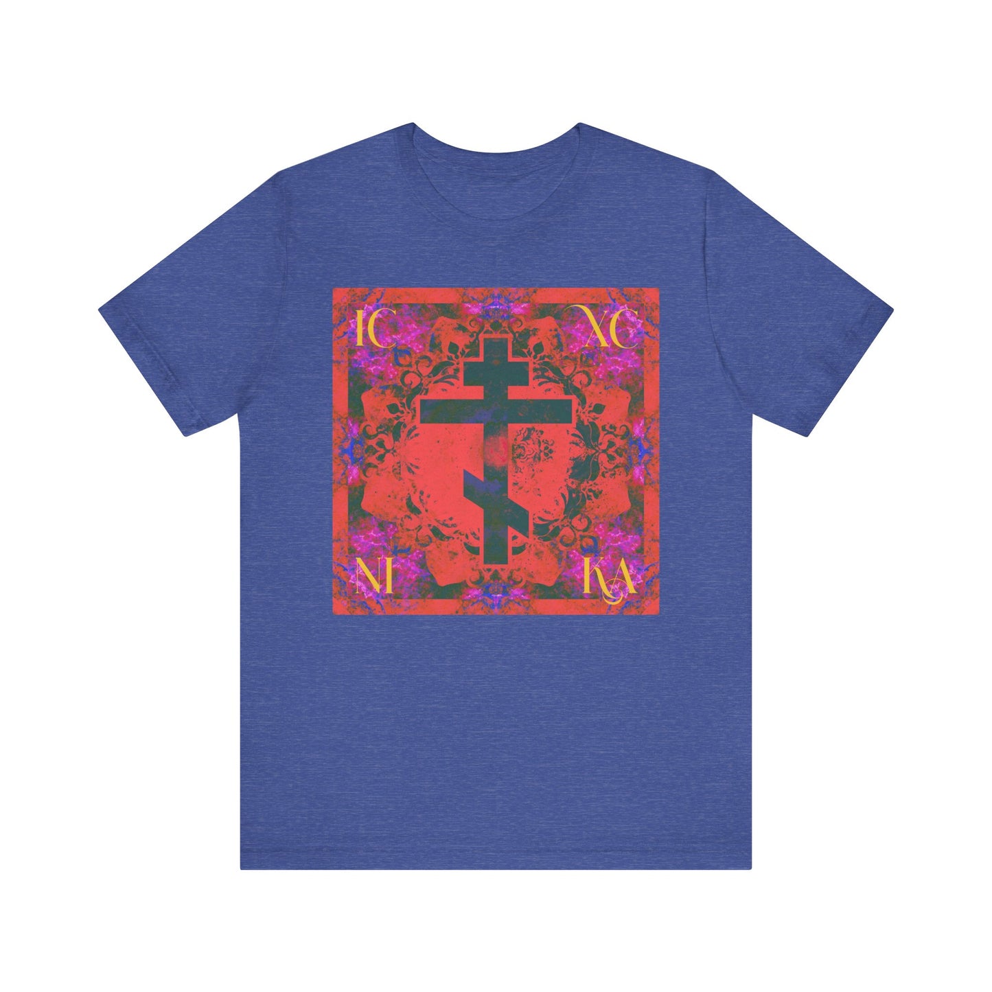 Heather True Royal t-shirt featuring a vibrant orange and magenta cross inspired by Orthodox Christian iconography, with "ICXC NIKA" lettering on the corners.