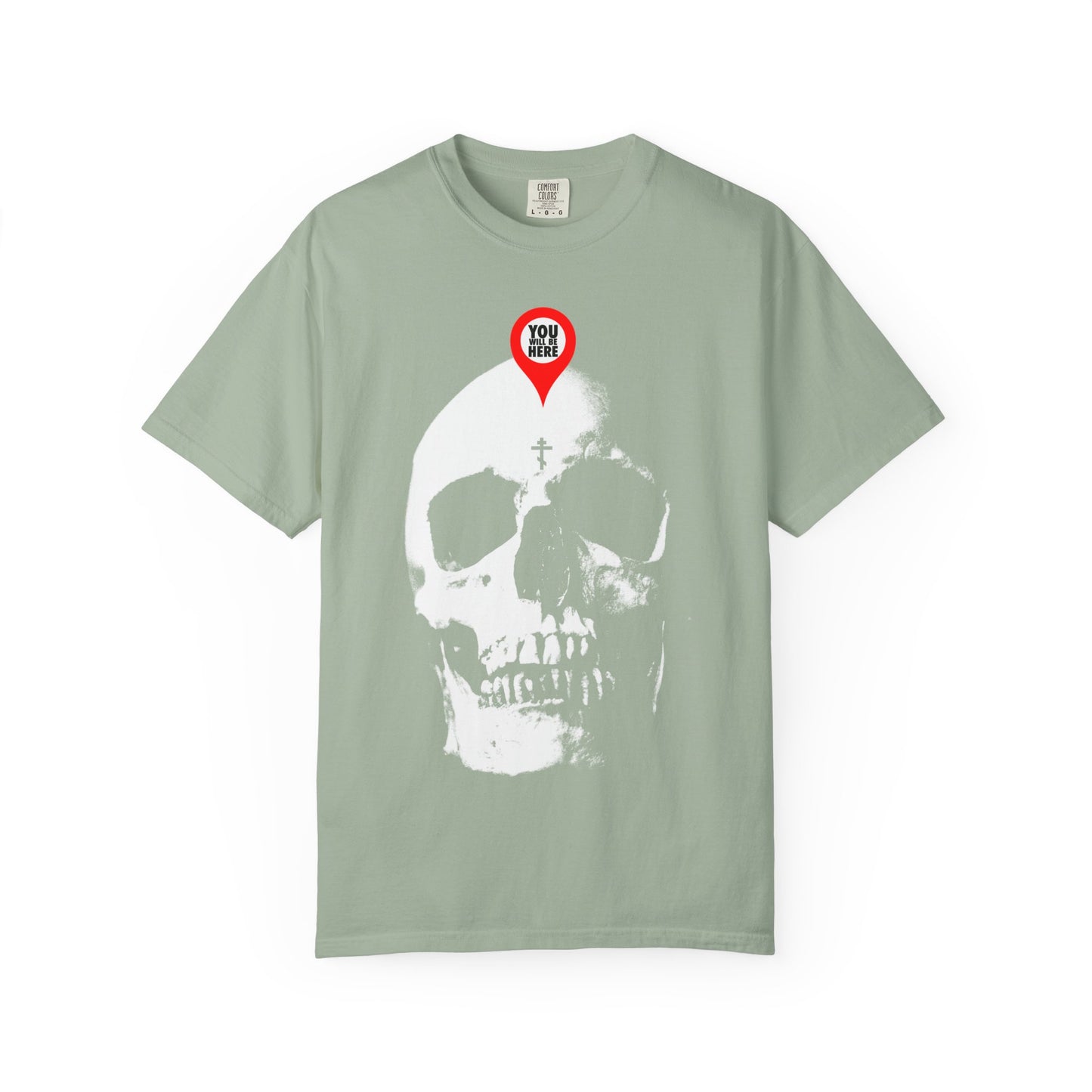 Bay heavyweight cotton unisex tee featuring a large white skull and red map marker graphic, inspired by St. Ignatius Brianchaninov’s memento mori theme—What You Are I Once Was.