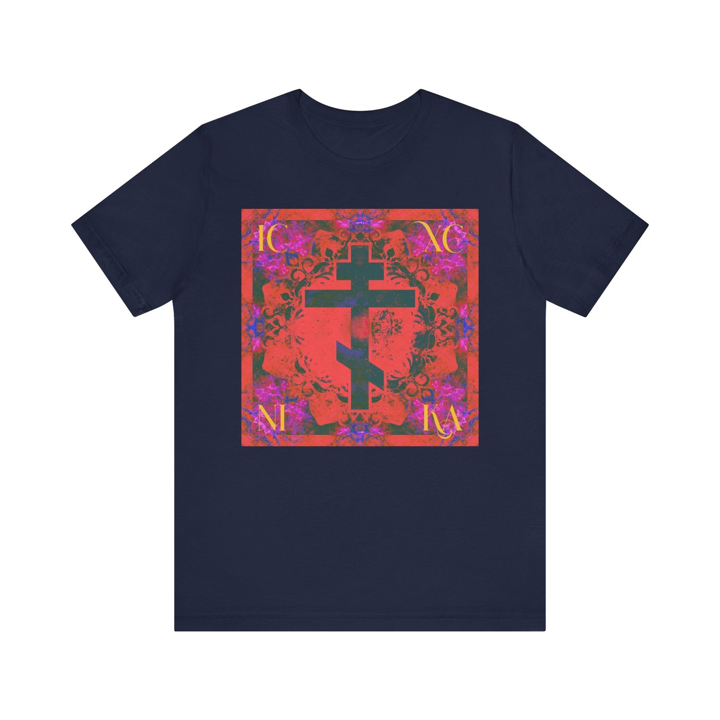 Navy ICXC NIKA Colorful Orange Magenta Cross Orthodox Christian Lightweight Cotton Unisex Tee with a vibrant abstract square design featuring a bold, stylized Cross—a modern tribute to St. John of Kronstadt and the enduring power of the Saviour's sufferings.