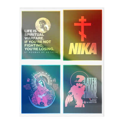 Four Christian stickers: Bestseller Orthodox Sticker Mix No. 5 with cross, warfare, Seraphim Rose & Theotokos designs.
